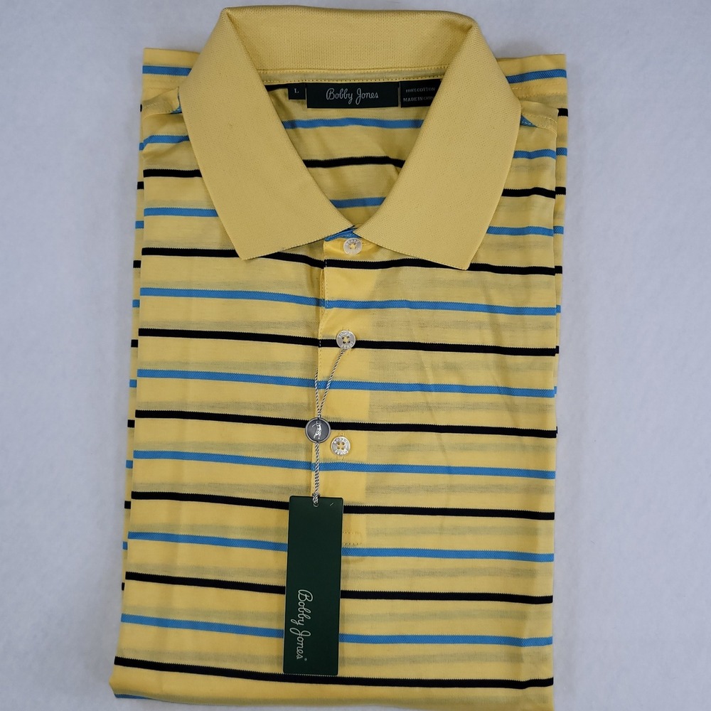 NWT Bobby Jones Men's Large Yellow Blue Striped Polo Shirt Short Sleeve Golf